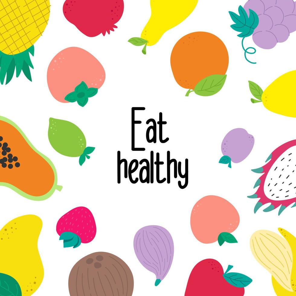 motivación del eslogan vegano. come sano. estilo de vida saludable. conjunto de frutas vector