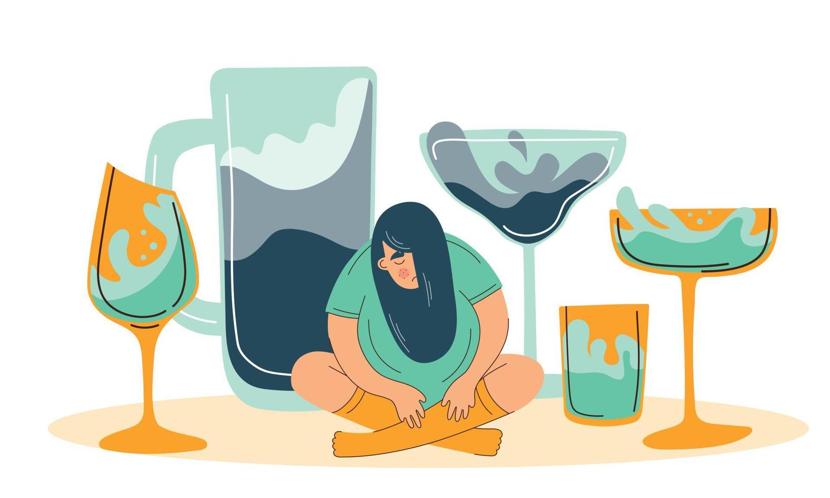 Alcohol abuse and depression problem of female. Woman alcoholism social problem. vector