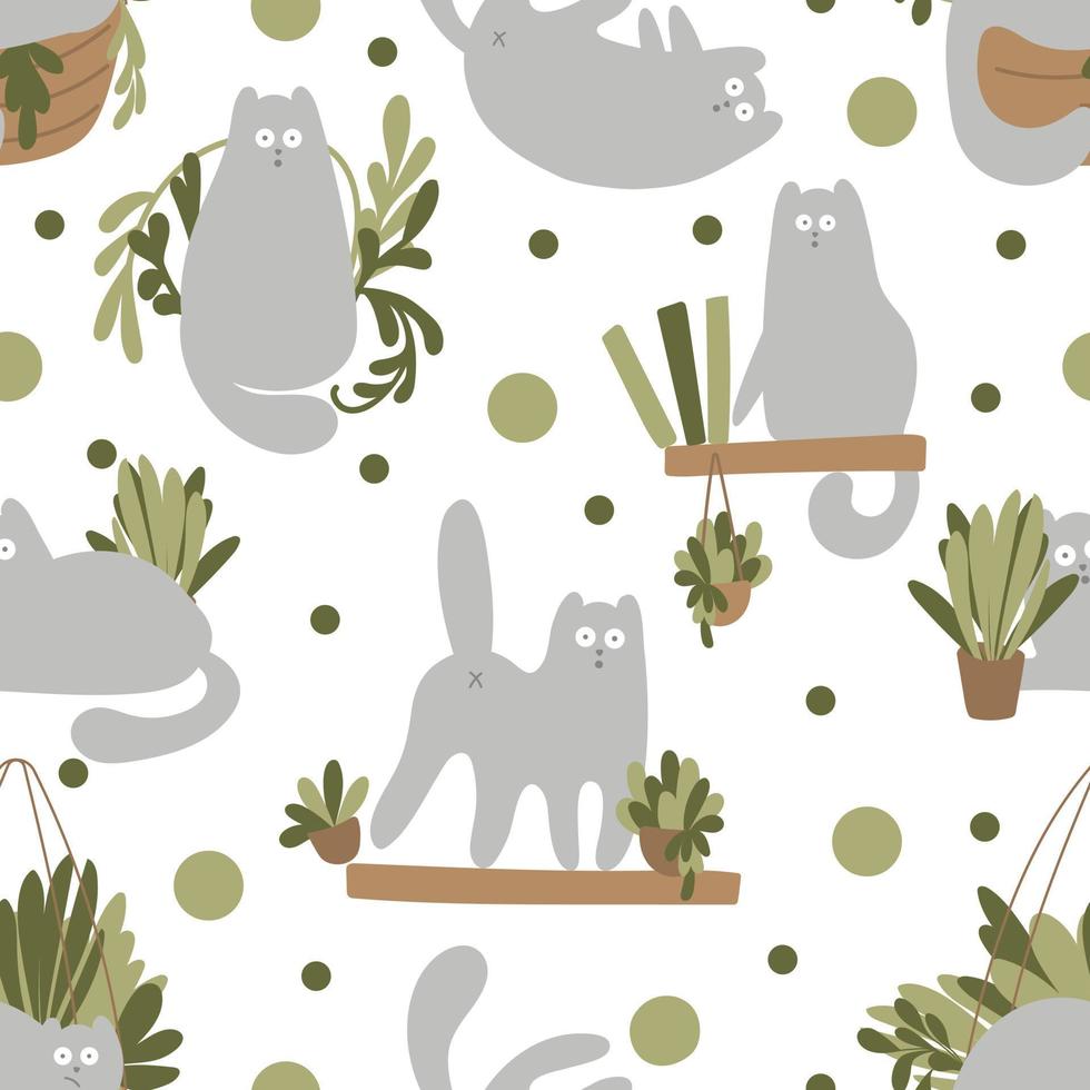 patrón impecable con plantas y personajes de fanny cats. lindo gatito de carácter vectorial. hogar acogedor con plantas y gato gris. fondo de animales de dibujos animados, ilustración vectorial vector