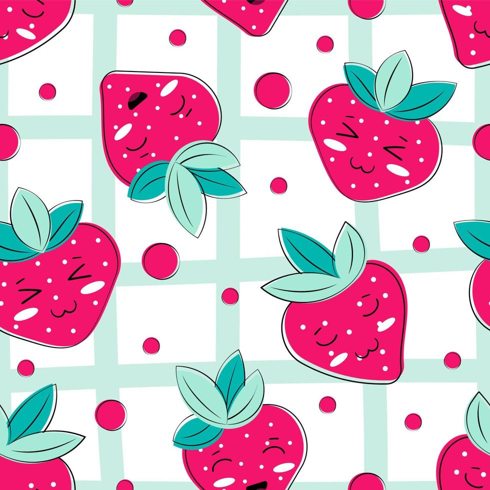 fresa de patrones sin fisuras con carácter de dibujos animados de bayas de verano brillante. colores rosa y menta. vector
