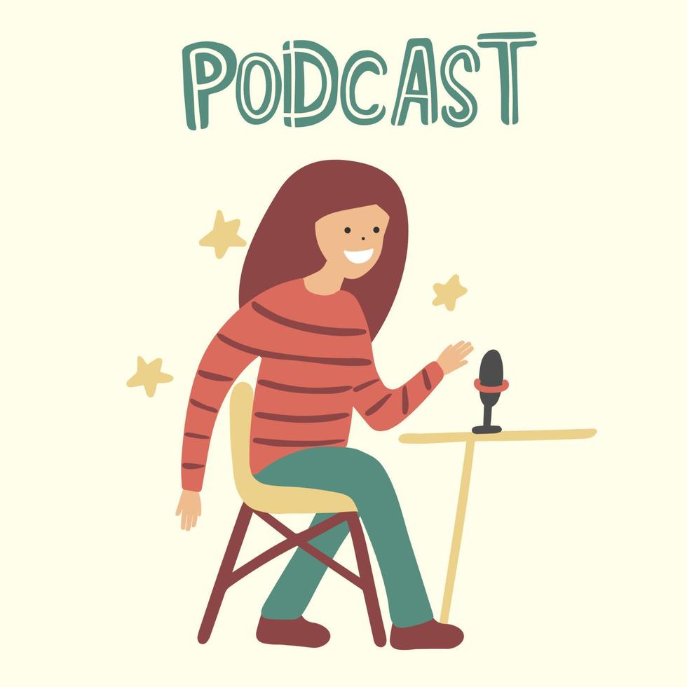 Female broadcaster at workplace flat character isolated vector. Radio host with table. Podcast concept. Media hosting. vector