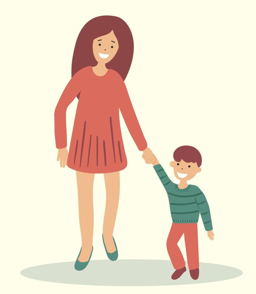 Mother holds the hand of her son. The best mom. The concept of good parents and a happy family. Happy childhood. Mother day vector