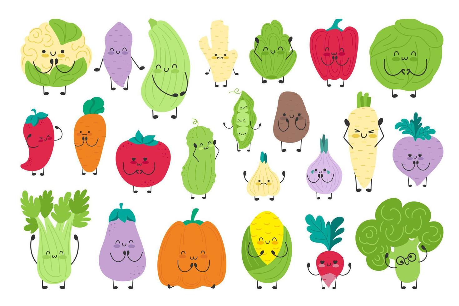 conjunto de lindos personajes divertidos verduras frescas y saludables aisladas. verduras de granja veganas orgánicas. estilo de vida saludable. vector