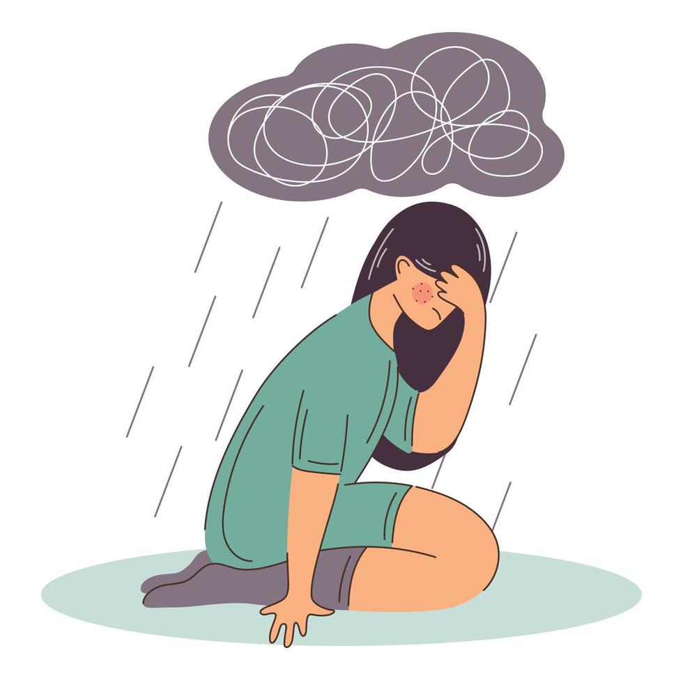 Woman suffers from depression mental health diseases. Sitting under rain cloud with heavy thoughts. Sad and unhappy. Bipolar disorder. vector