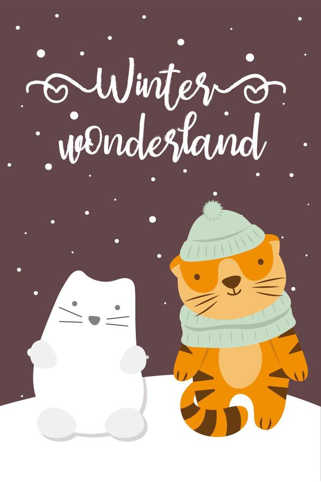 Cute vector tiger with snowman. Winter greating card with slogan. Warm winter wishes. Falling snow. Symbol of year. Poster with lettering.