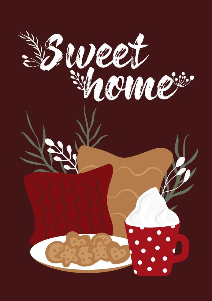 Winter happy holidays. Sweet home hot drinks.Cozy vector collection in red and green colors. Winter posters. Ready made Compositions. Cute Hygge style.