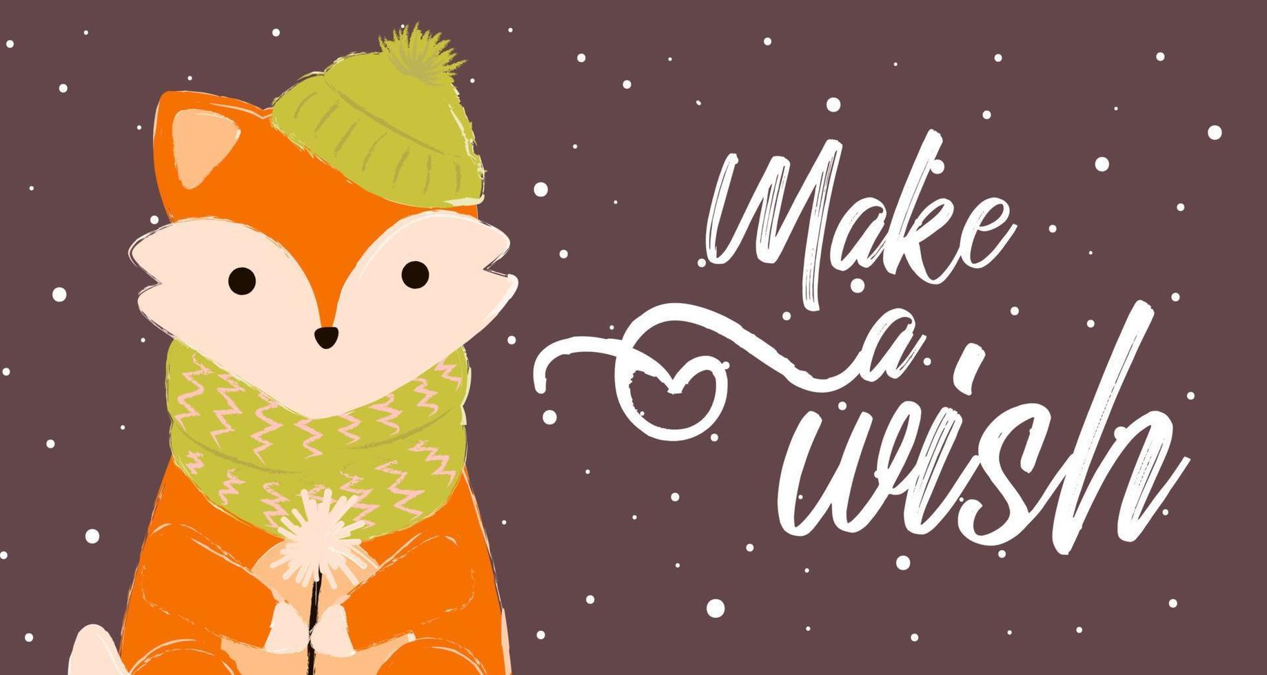 fox card winter cute make a wish with vector