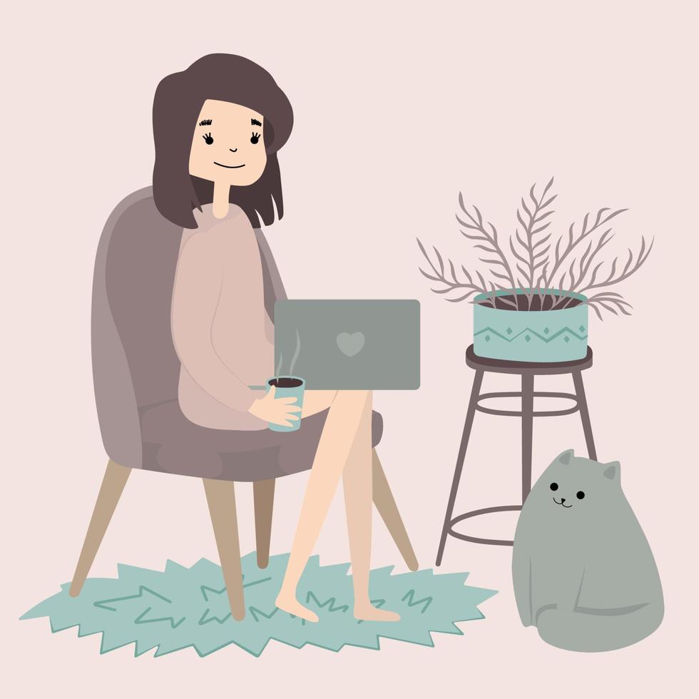 Stay home concept. Day routine. Girl working at home, with cat. Cozy modern scandinavian interior. Self isolation, quarantine. Coronavirus. vector