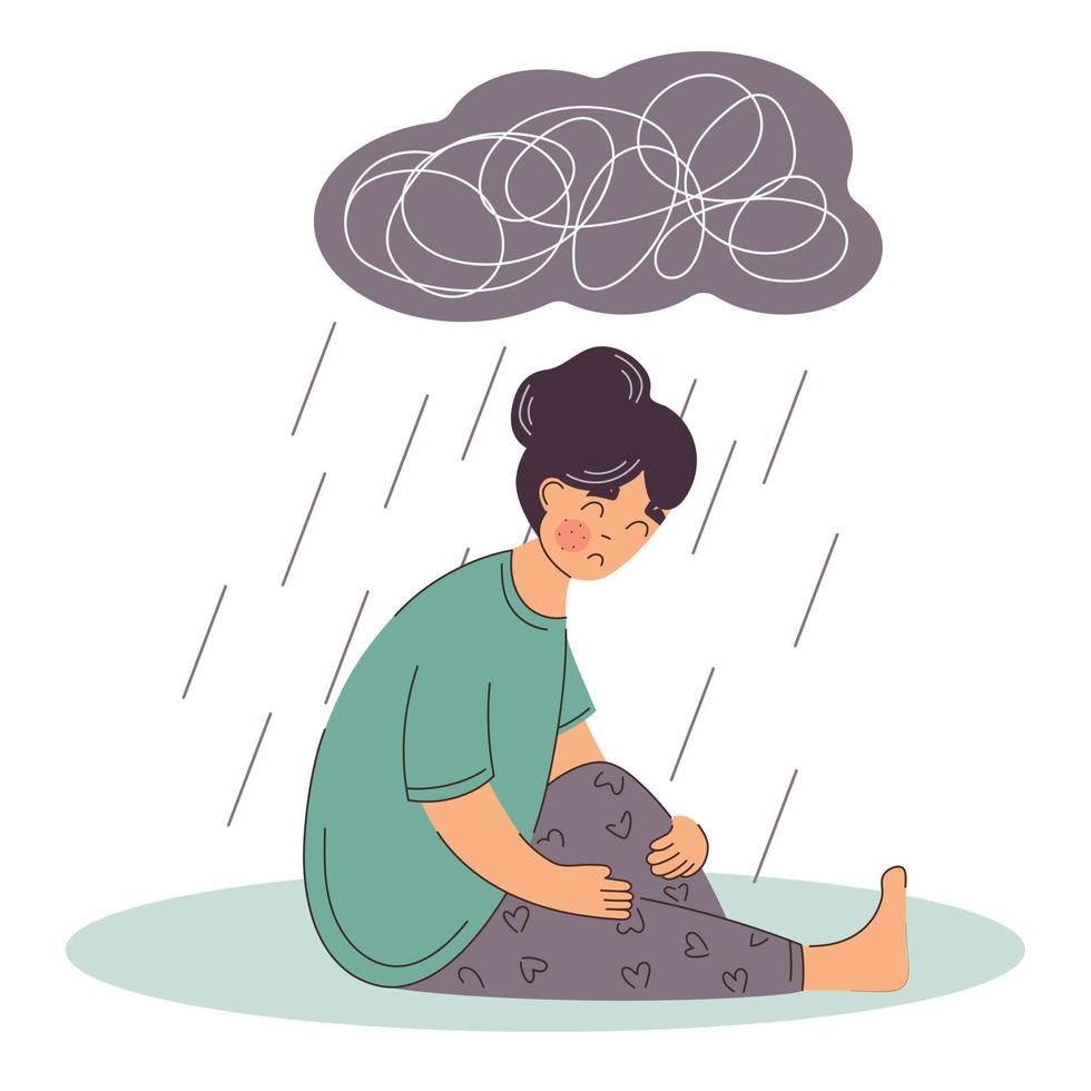 Woman suffers from depression mental health diseases. Sitting under rain cloud with heavy thoughts. Sad and unhappy. Bipolar disorder. vector