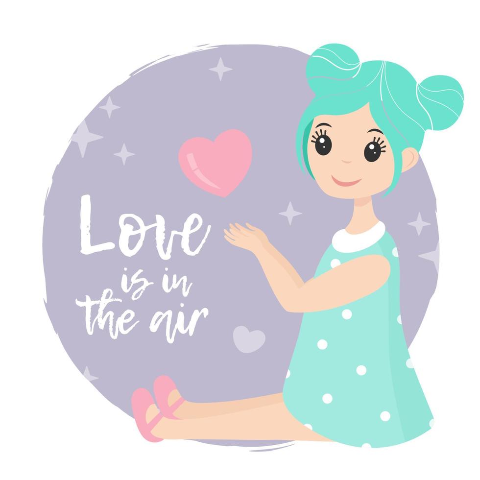 linda chica de dibujos animados con corazón. tarjeta de san valentín, guarde la tarjeta de felicitación de fecha. diseño de personajes de ilustración vectorial. vector