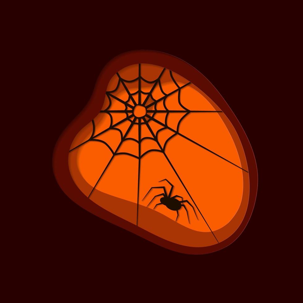 Paper cut art. Dark horror colors. Spider and web. Silhouette. vector