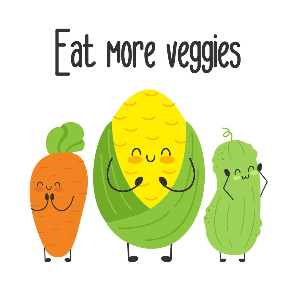 lindos personajes divertidos aislados. motivación del eslogan vegano. comer verduras plantas. estilo de vida saludable. vector