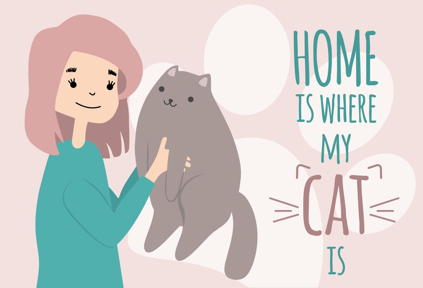 Girl holding big fluffy cat. Loving cats very much happy pets. Home is where your cat is. Cat day. Adopt pets. Cartoon vector style.
