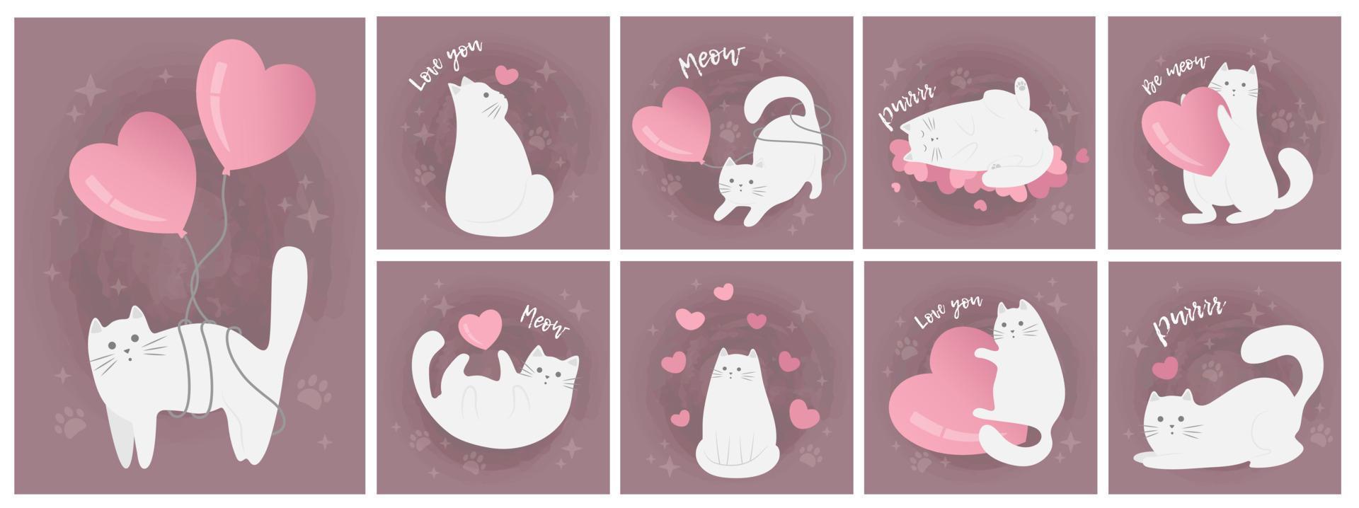 set of cute cartoon  cat with heart. valentine's day card, save the date greeting card. Vector illustration character design.