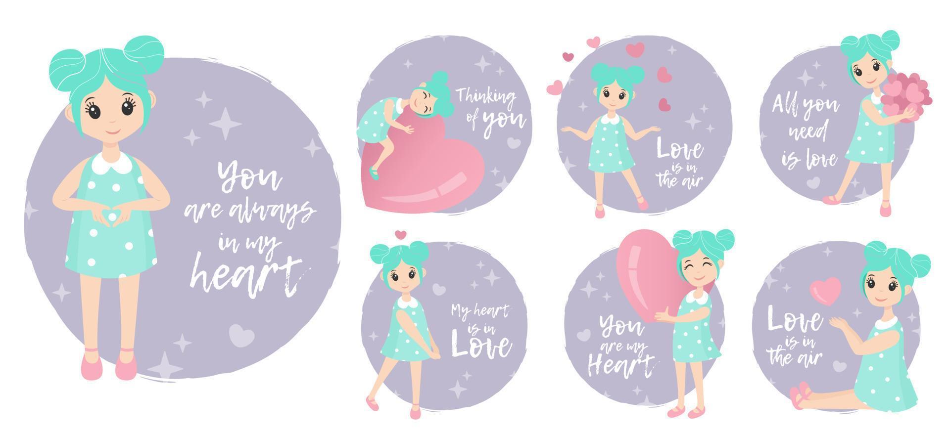 cute cartoon  girl with heart. valentine's day card, save the date greeting card. Vector illustration character design.