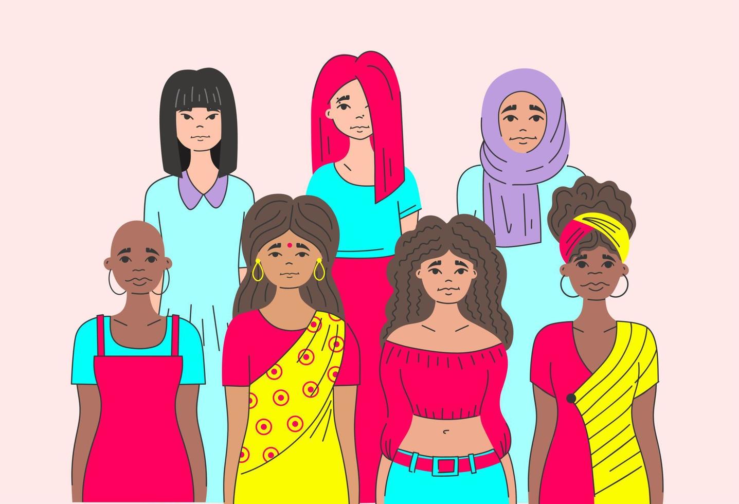 Movement against discrimination inequality, stereotypesgroup of women of different ethnic group muslim, Indian, African, informal. Break the bias. Allyship woman feminism. International woman day. vector
