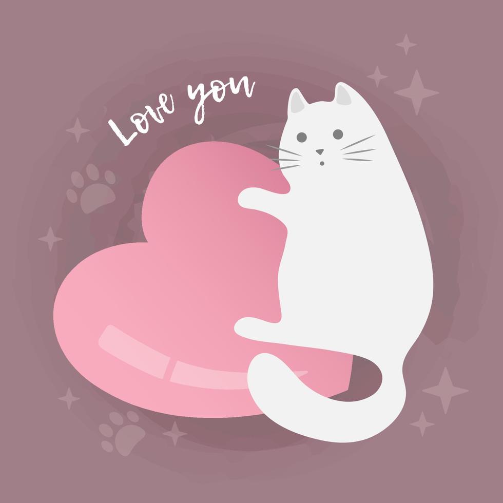 lindo gato de dibujos animados con corazón. tarjeta de san valentín, guarde la tarjeta de felicitación de fecha. diseño de personajes de ilustración vectorial. vector