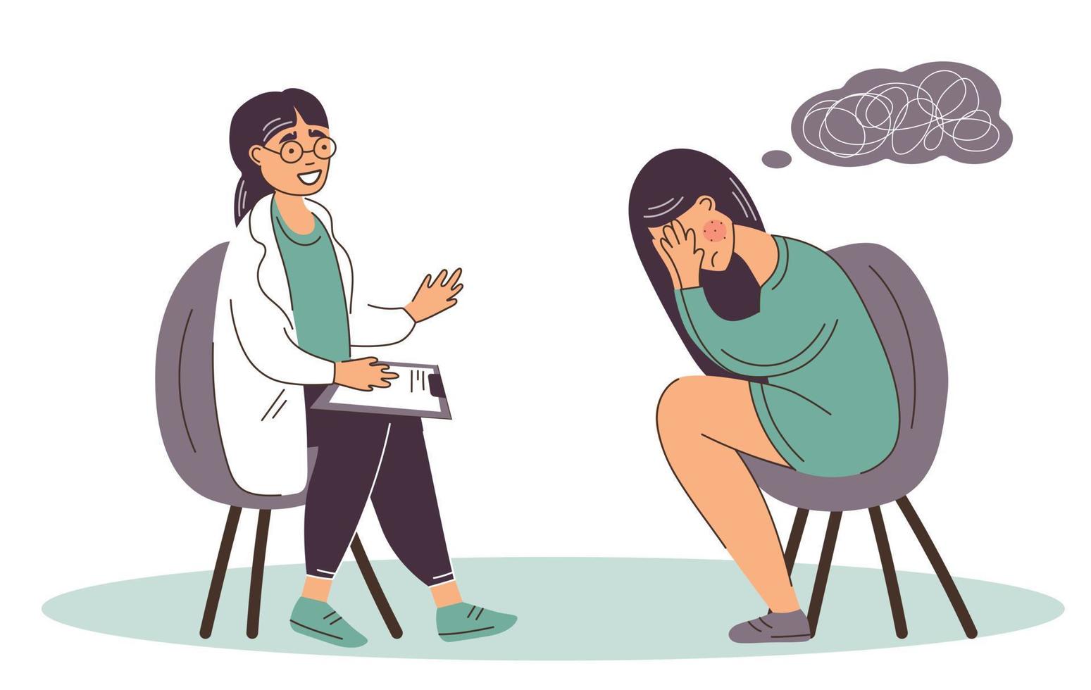 Help doctor psyhologist to Woman suffers from depression mental health diseases or Bipolar disorder. vector