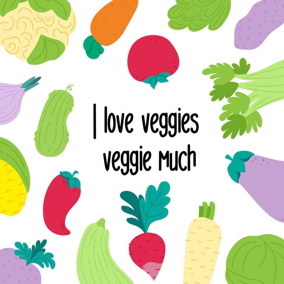 Vegan slogan motivation. I love veggies Healthy lifestyle. vector