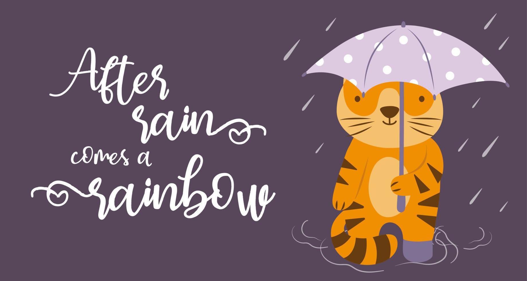 Cute vector tiger under rain drops with umbrella. Card with slogan. Symbol of year. Positive concept. Poster with lettering.