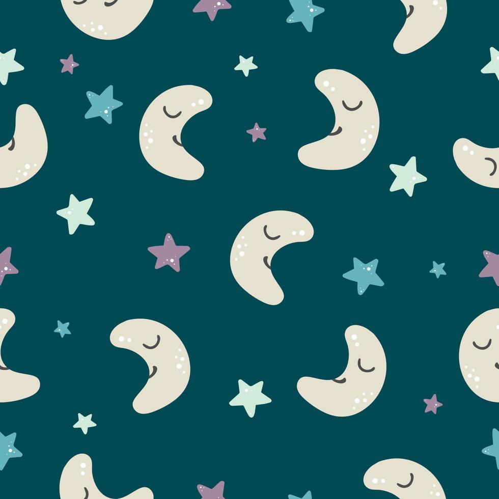 Seamless pattern moon stars in blue and lilac colors kids vector