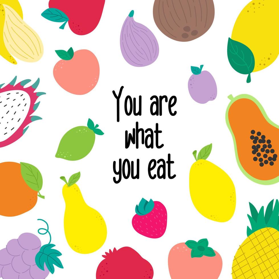 Cute funny characters isolated. Vegan slogan motivation. You are what you eat. fruits plants. Healthy lifestyle. vector