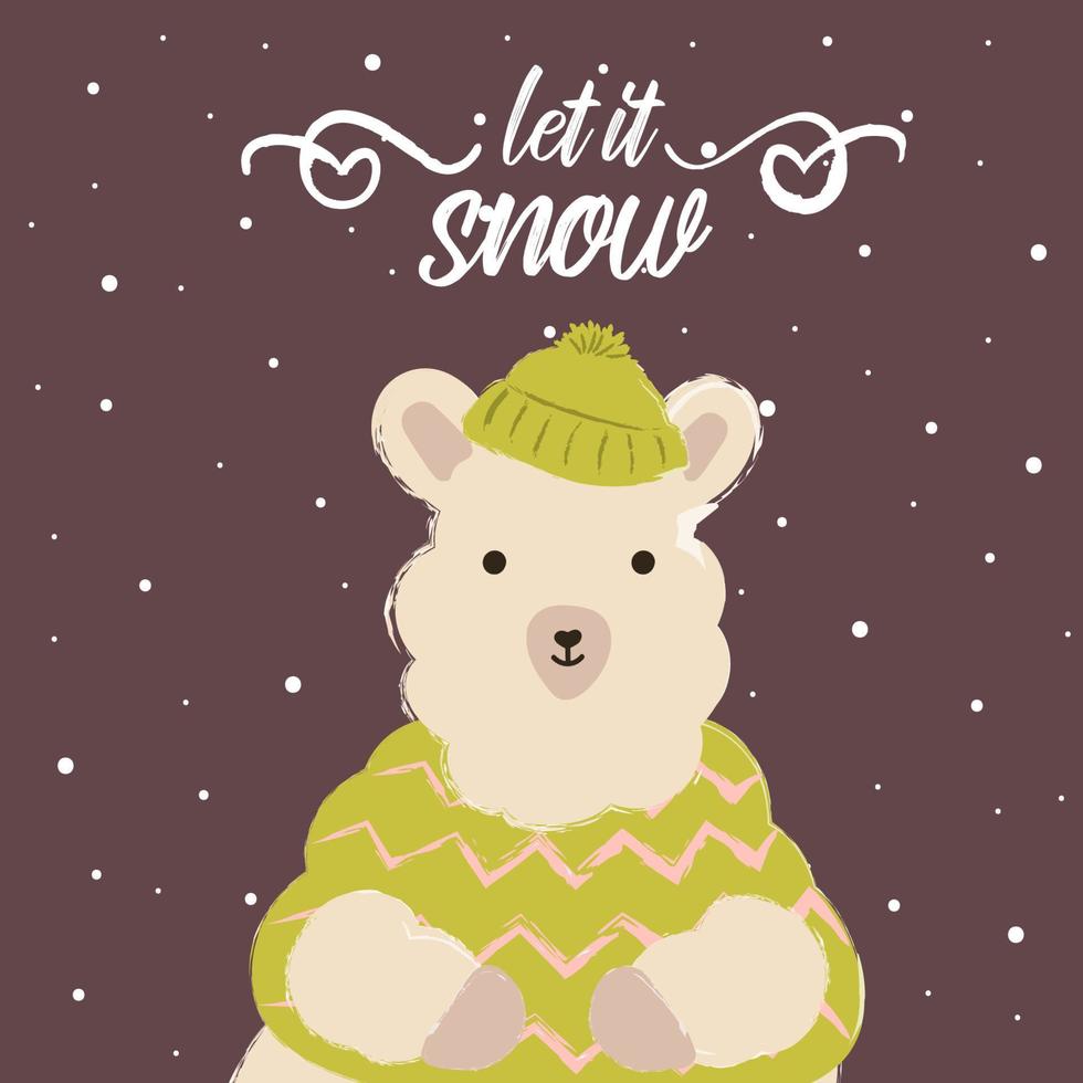 llama winter in hat and scarf cute hello december let it snow vector
