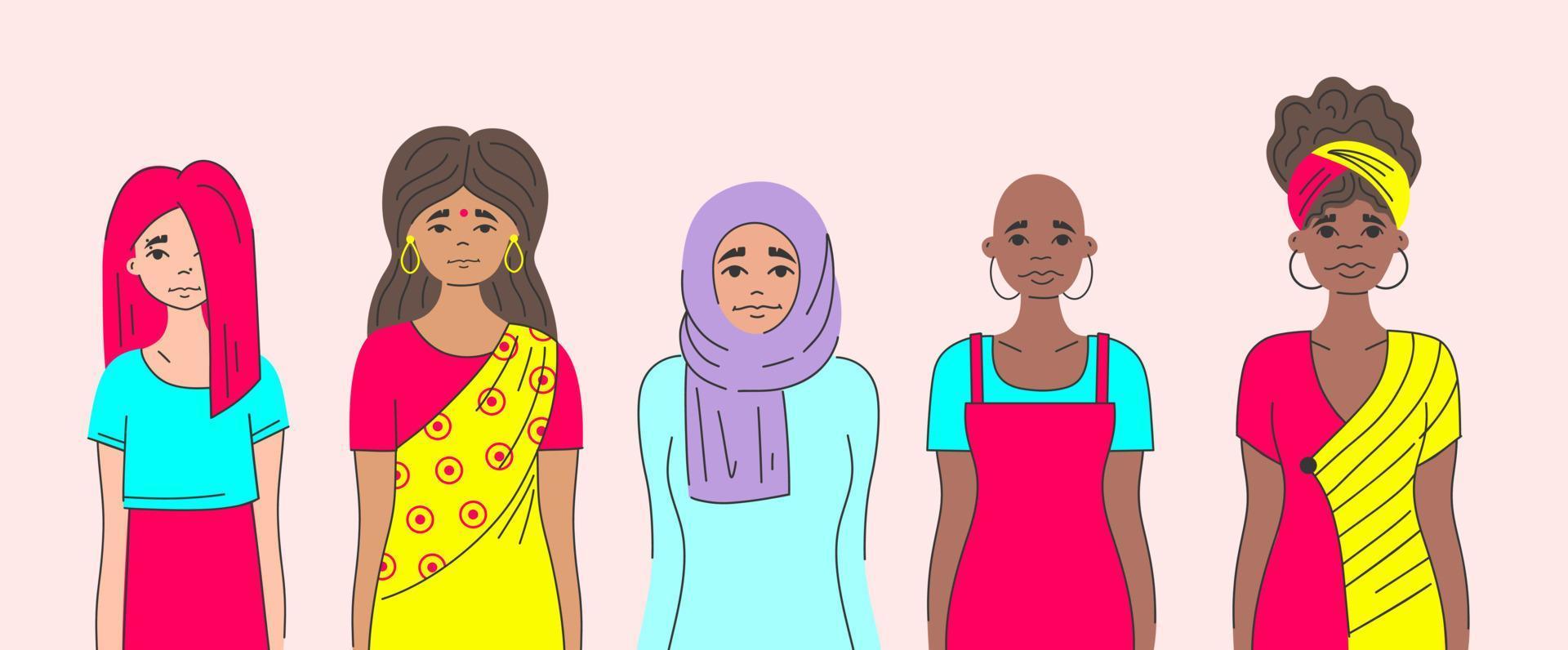 Movement against discrimination inequality, stereotypesgroup of women of different ethnic group muslim, Indian, African, informal. Break the bias. Allyship woman feminism. International woman day. vector