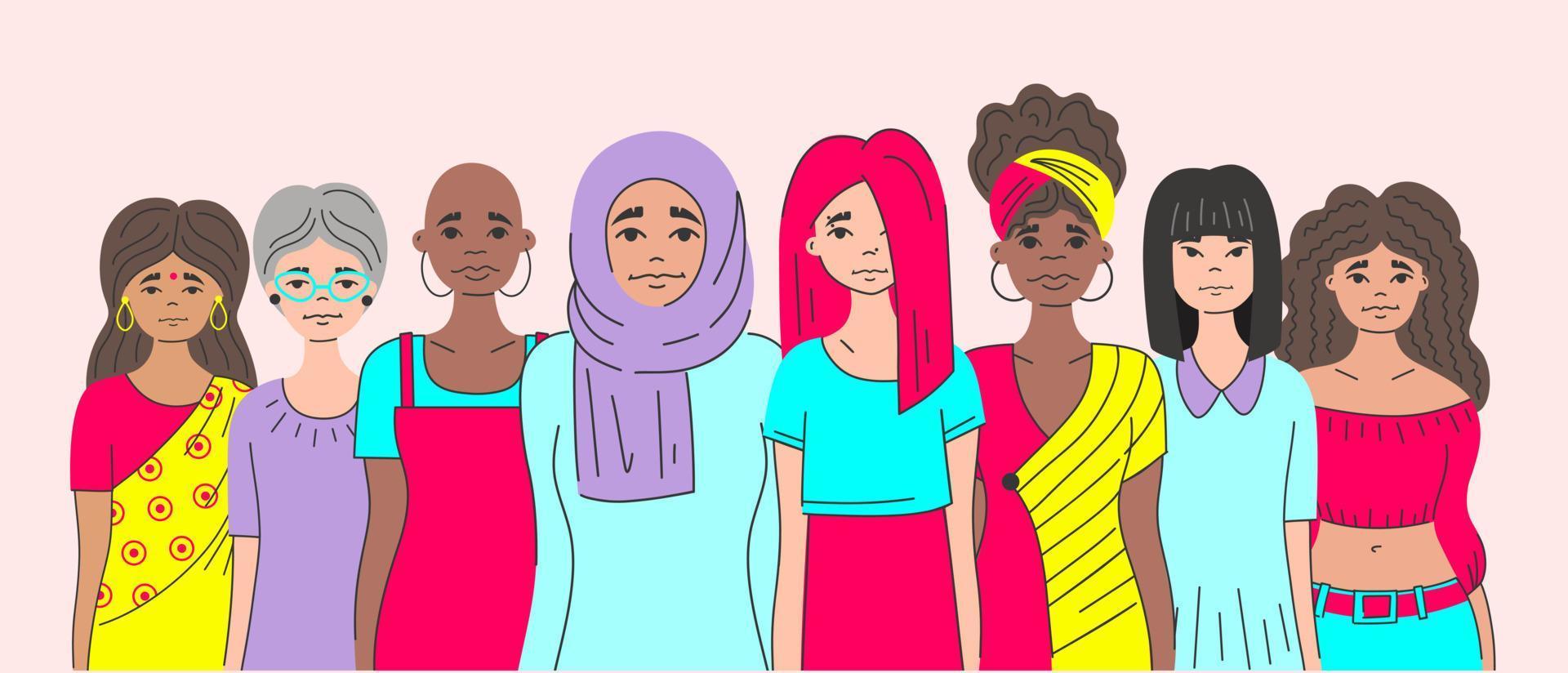 Movement against discrimination inequality, stereotypesgroup of women of different ethnic group muslim, Indian, African, informal. Break the bias. Allyship woman feminism. International woman day. vector