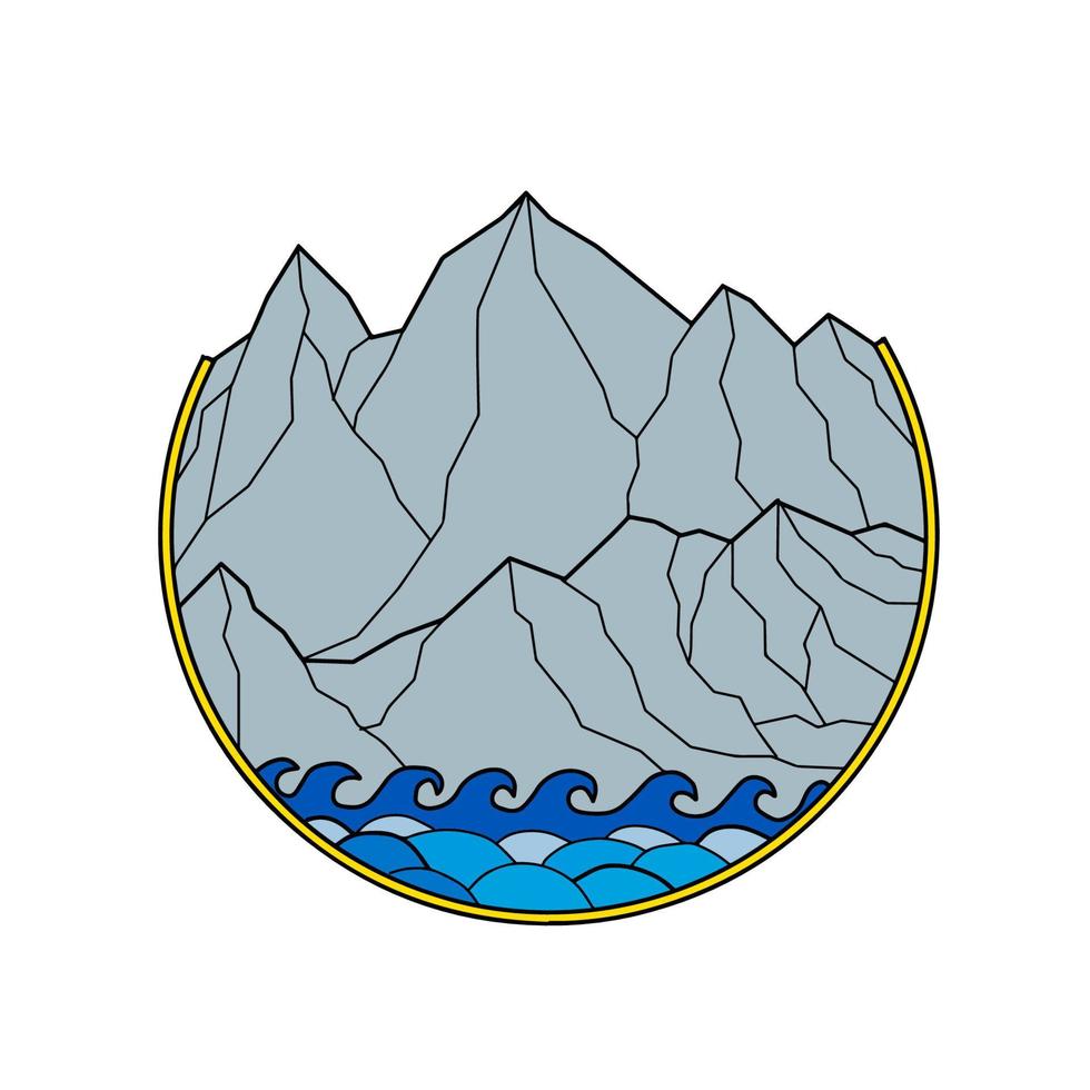 Rugged Mountain Range Waves Circle Monoline vector