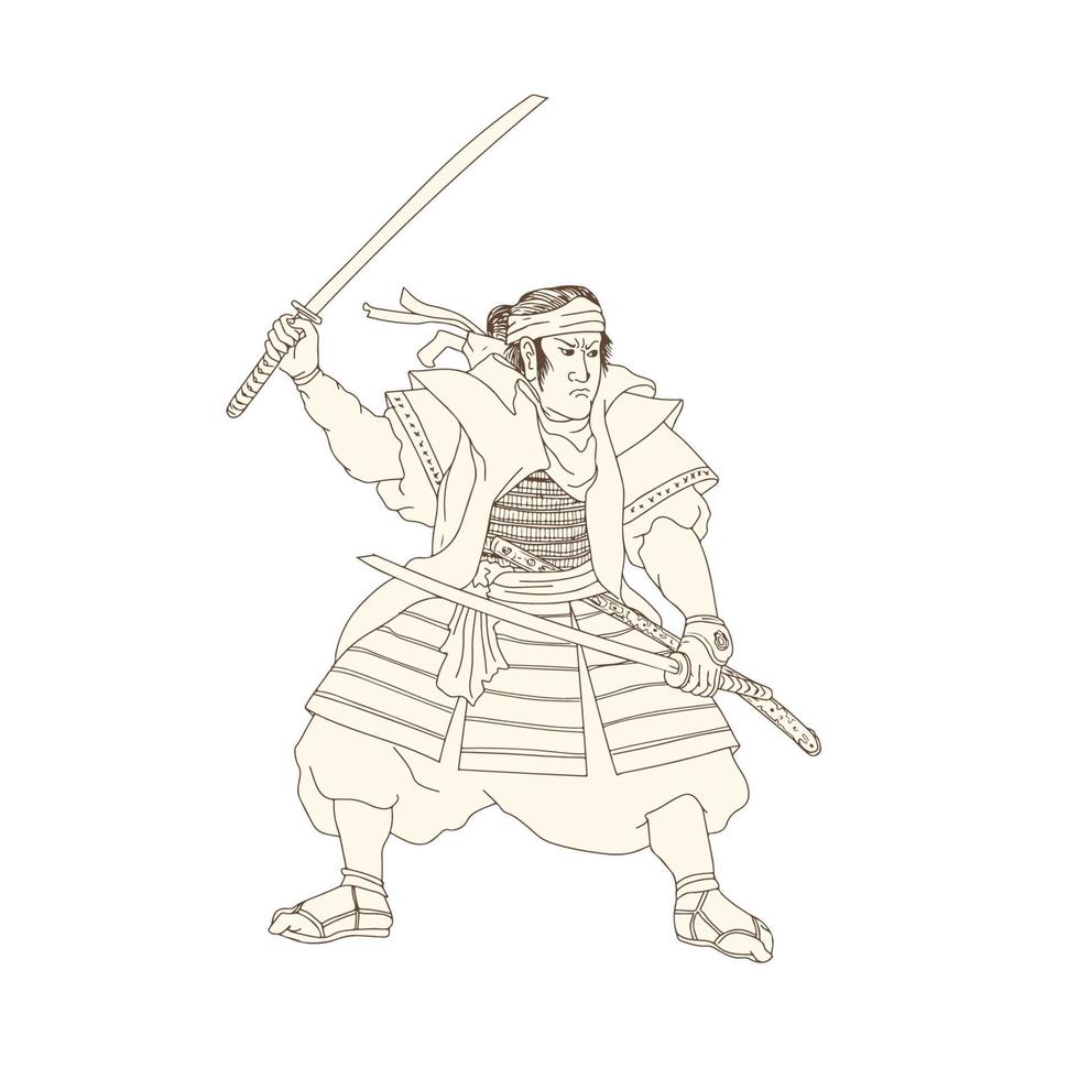 Samurai Warrior Katana Fight Stance Woodblock vector