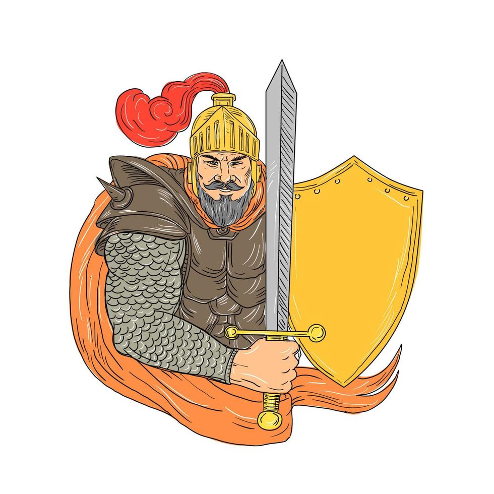 Old knight with sword and shield drawing vector