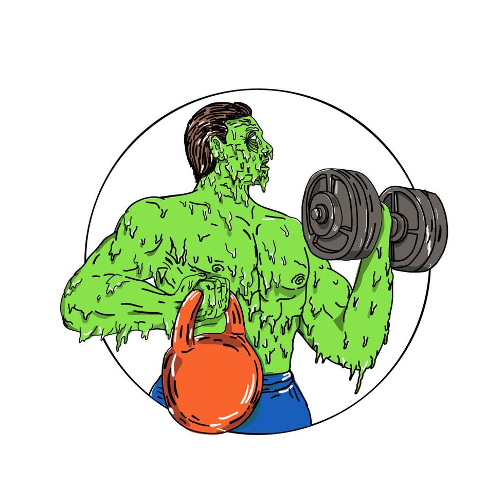 Athlete lifting dumbbell and kettlebell grime art vector