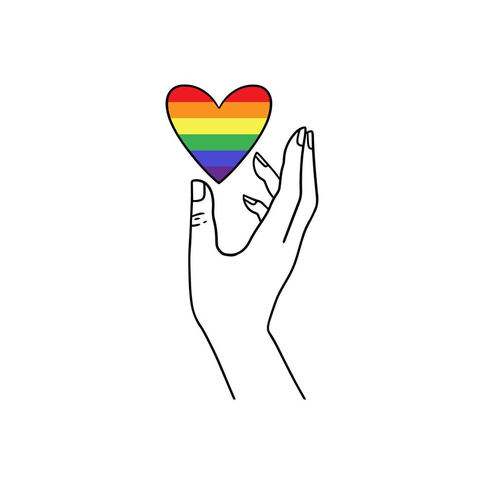 Arm holding the heart coloured in LGBT pride colours on the white background. Concept of the International Day Against Homophobia concept, sexual equality, feminism, social safety. vector