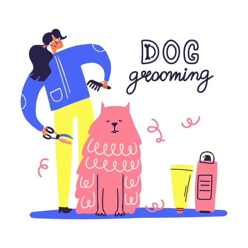 Dog grooming illustration. Women combing dog. Pet salon concept. Pet salon concept. vector