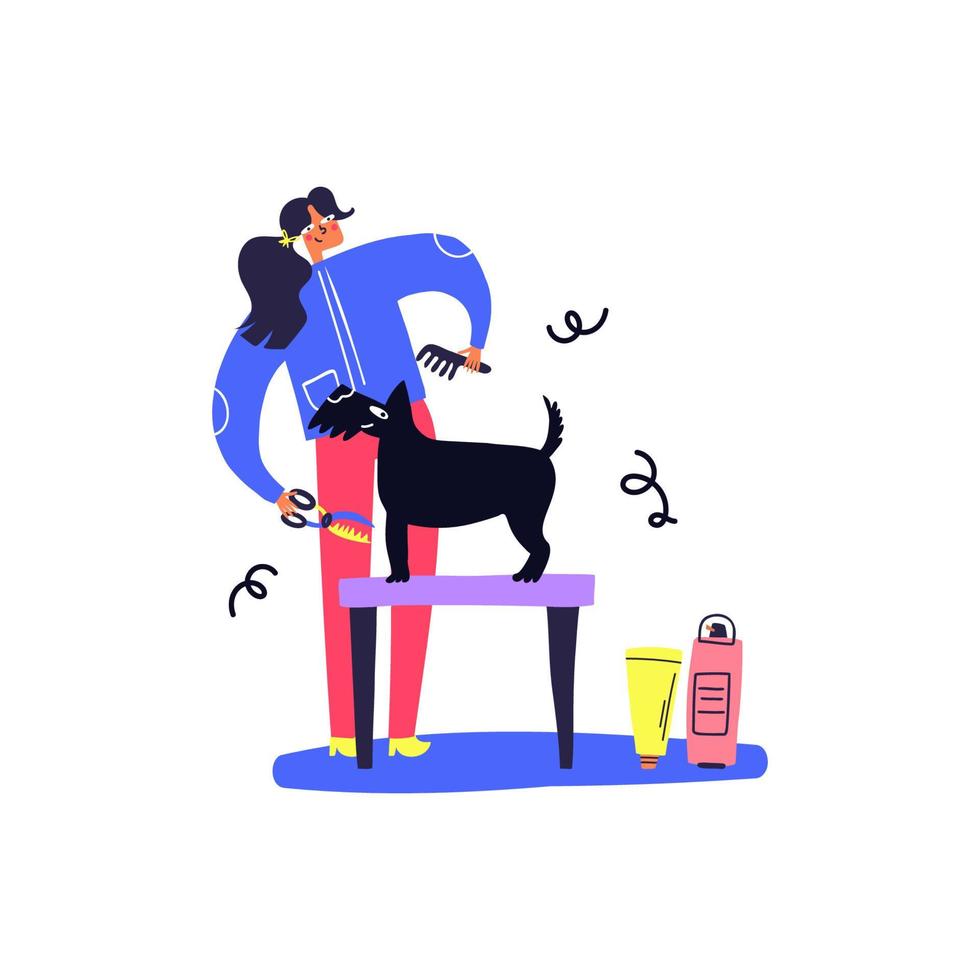 Dog grooming illustration. Women combing dog. Pet salon concept. Pet salon concept. vector