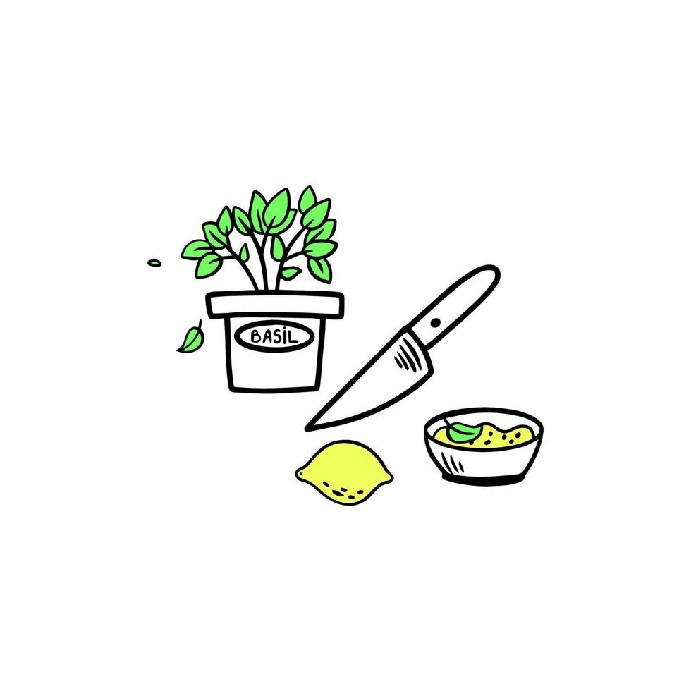 Graphic illustration of cooking sauce. Cutting a lemon with a knife. Kitchen utensils in doodle style. vector