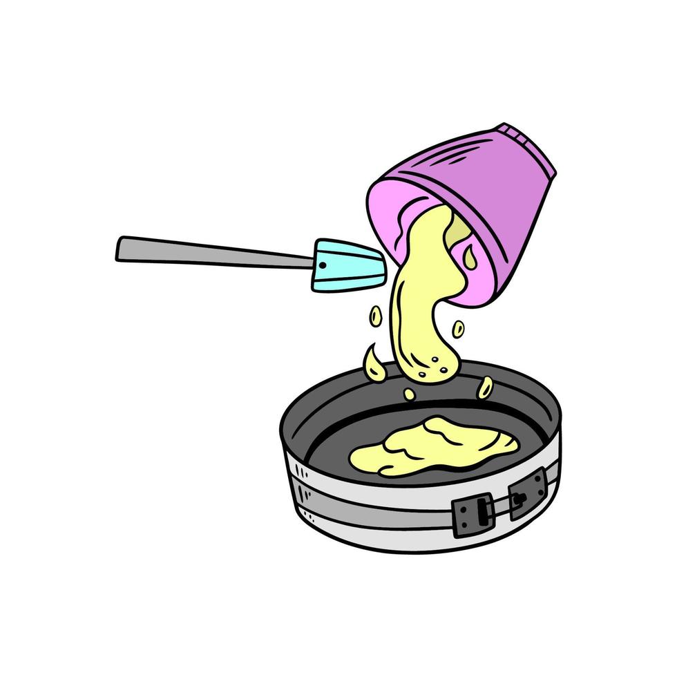 Pouring the dough into a baking dish. Graphic illustration of cooking cake. Kitchen utensils in doodle style. vector