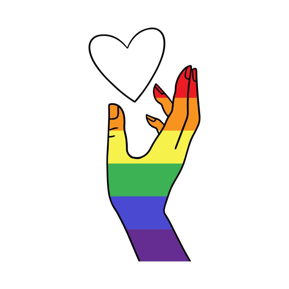 Arm holding the heart coloured in LGBT pride colours on the white background. Concept of the International Day Against Homophobia concept, sexual equality, feminism, social safety. vector