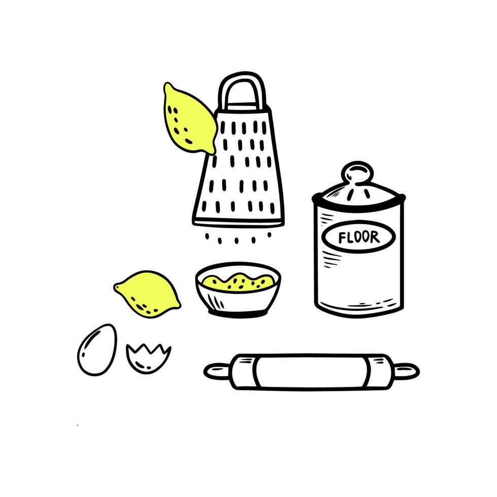 Grated lemon peel. Kitchen utensils in doodle style. vector