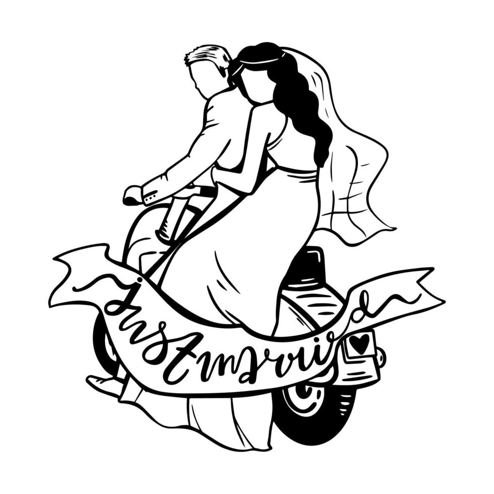 ilustración de contorno de vector de moto recién casada. Gran diseño para cualquier propósito. diseño de pancartas familiares felices.