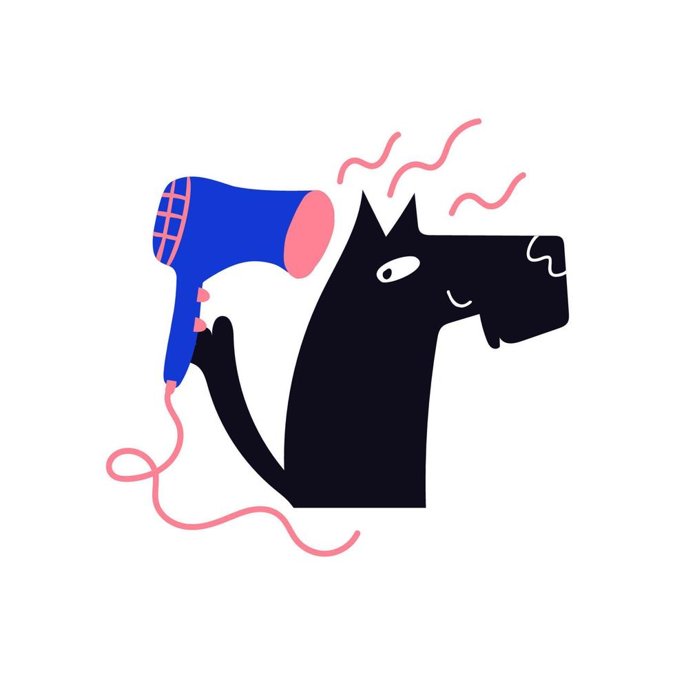 Dry dog with hair dryer. Pet salon concept. Doodle style vector illustration.