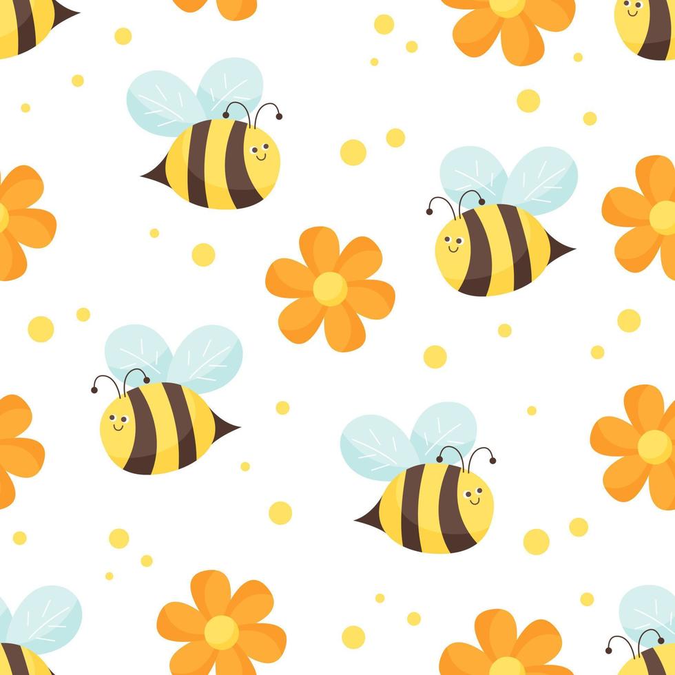 Seamless pattern with flying bees and flowers on white background. Illustration for background, print, and textile. Flat vector style.