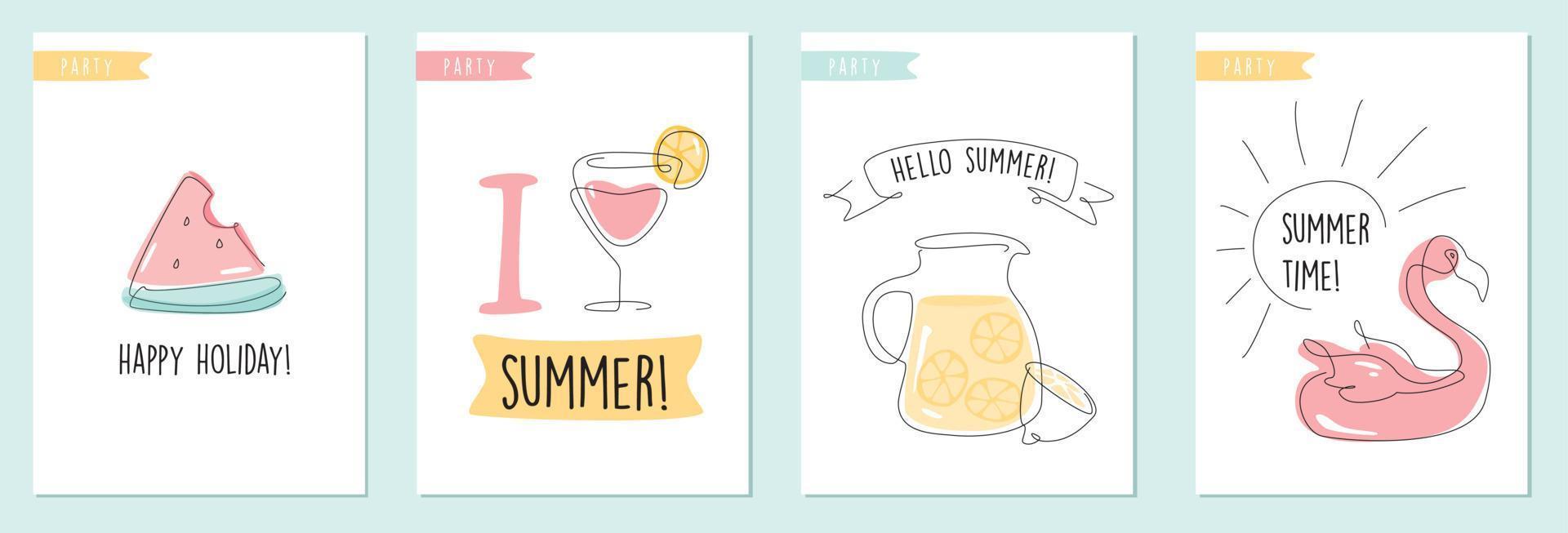 juego de postales de verano. colección de carteles de verano. tarjeta de invitación con ilustraciones de arte de una línea. vector