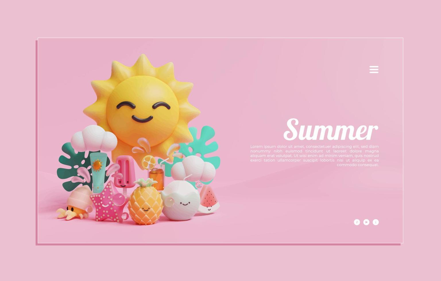 plantilla de banner de verano con ilustración de sol sonriente vector