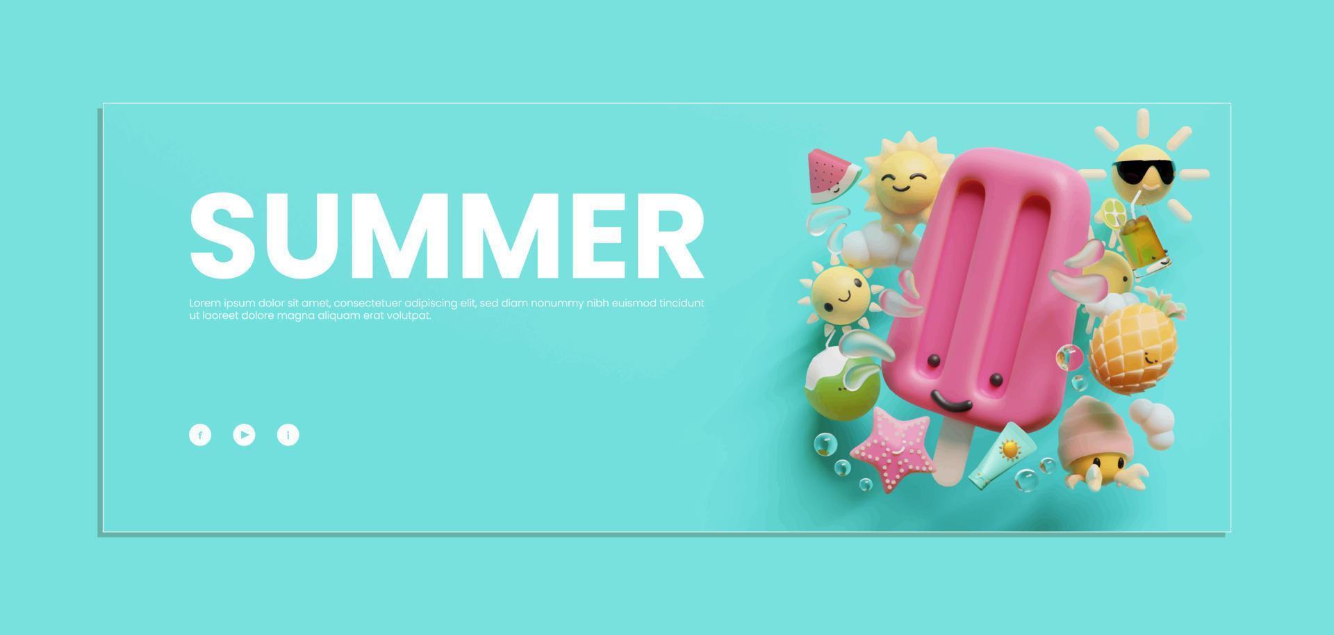 plantilla de banner de verano con ilustración 3d de paletas vector