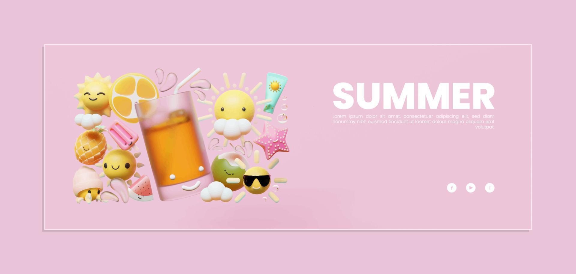 plantilla de banner de verano con bebida fresca ilustración 3d vector