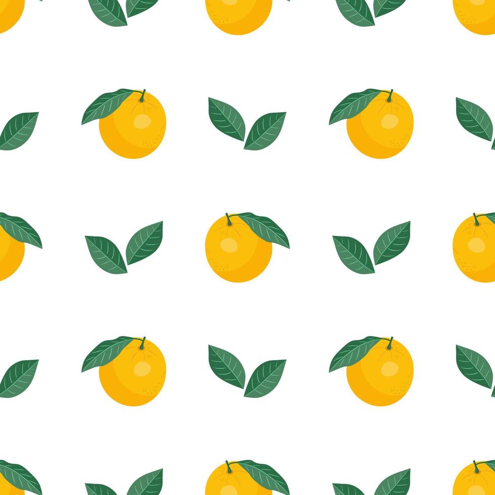 Seamless pattern of oranges and leaves on white. Fruit vector background