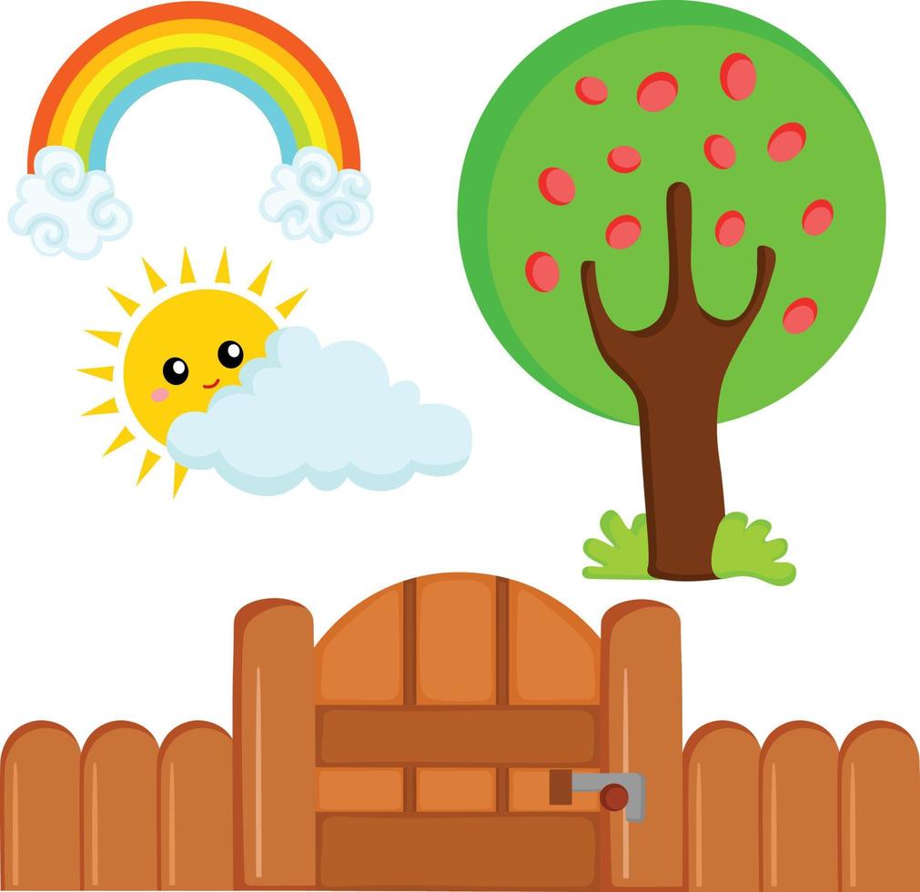 A small garden with gate and an apple tree with sun, clouds and rainbow vector