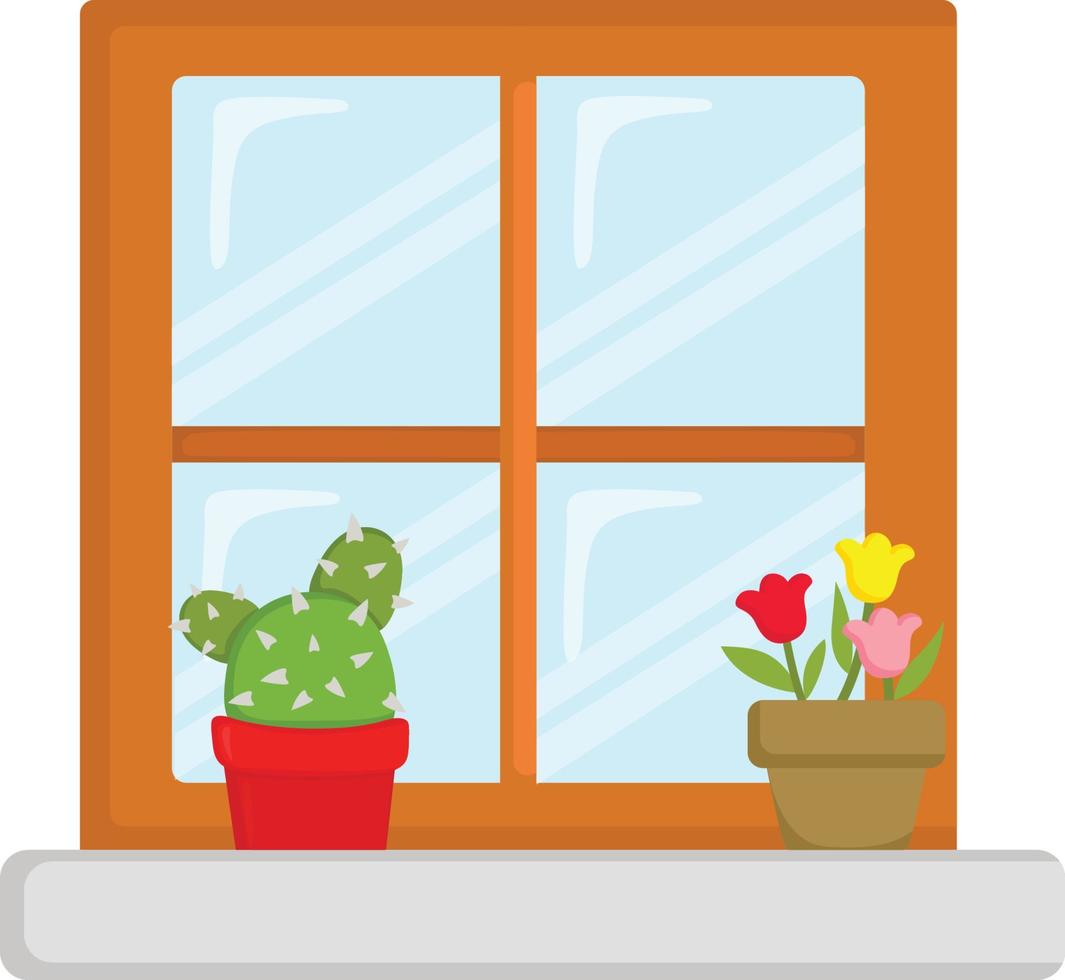 Window with flowers and cactus pot vector